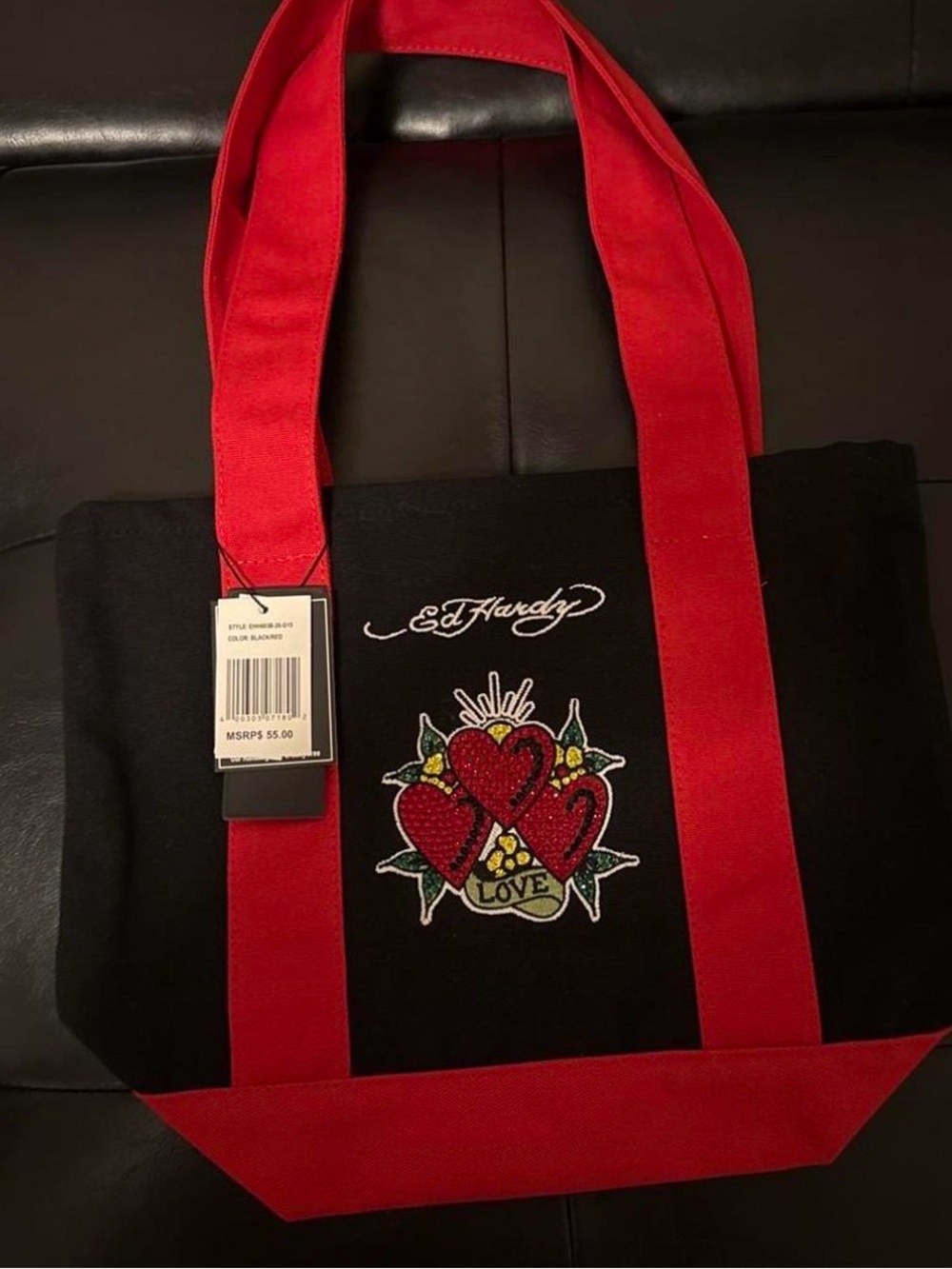 Ed Hardy Black Canvas Tote with Red Straps and Heart Embroidery